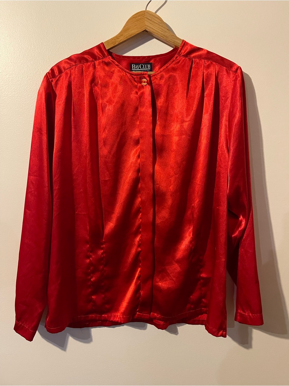 Bay Club Vintage Satin Button Front Blouse Long Sleeve Pleated Red Size XL